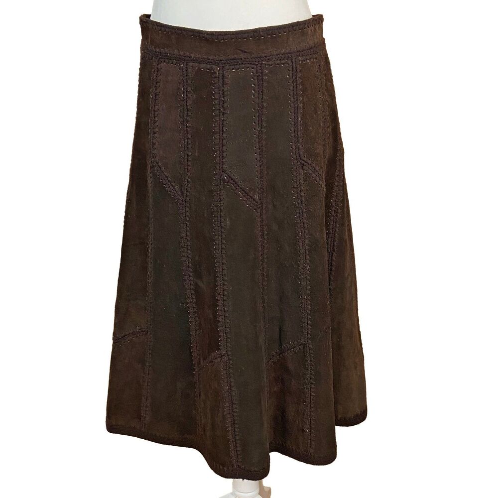 Vintage West Jason Silverstein Patchwork Crochet Brown Suede Skirt Size 11 *READ